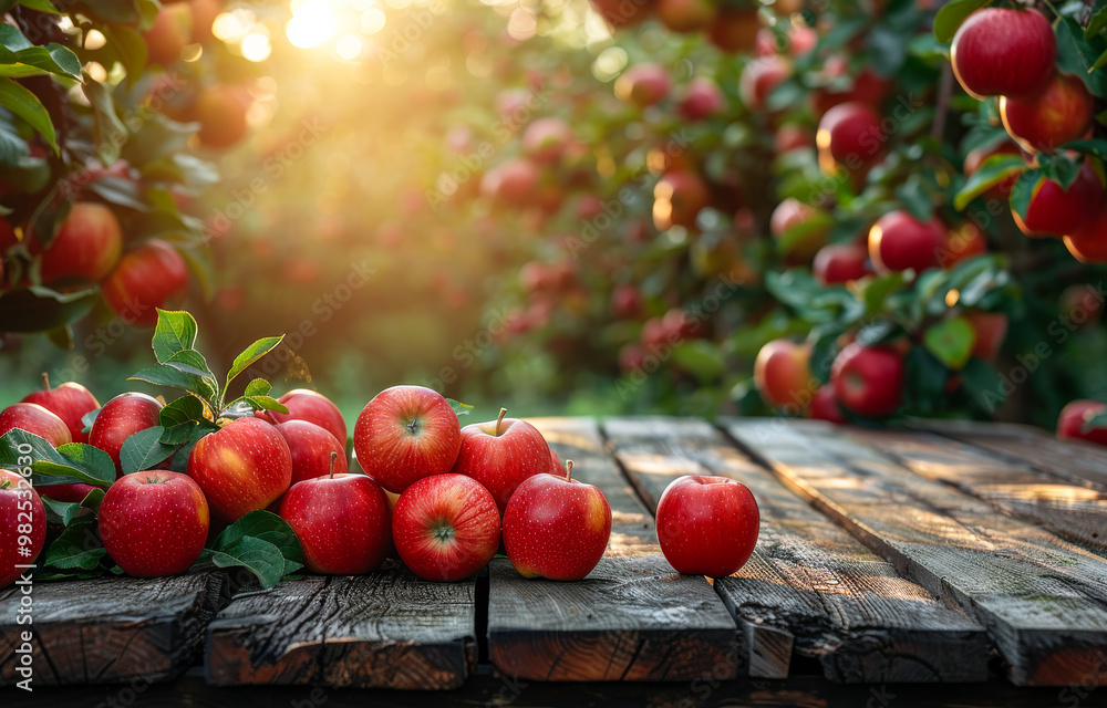 Aufkleber a table full of apples with a bright sun shining on them. the apples are red and shiny, and they are