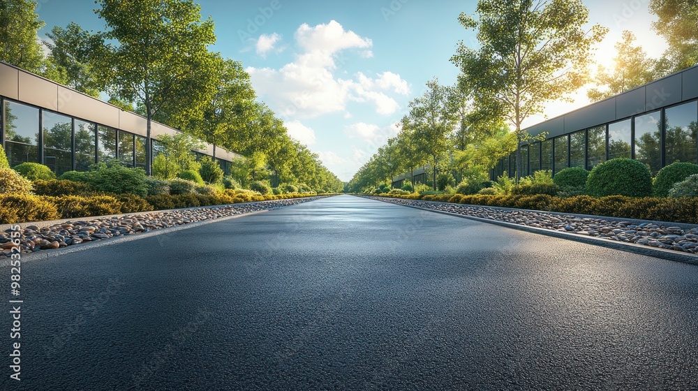 Poster Asphalt Road Surrounded by Trees and Buildings