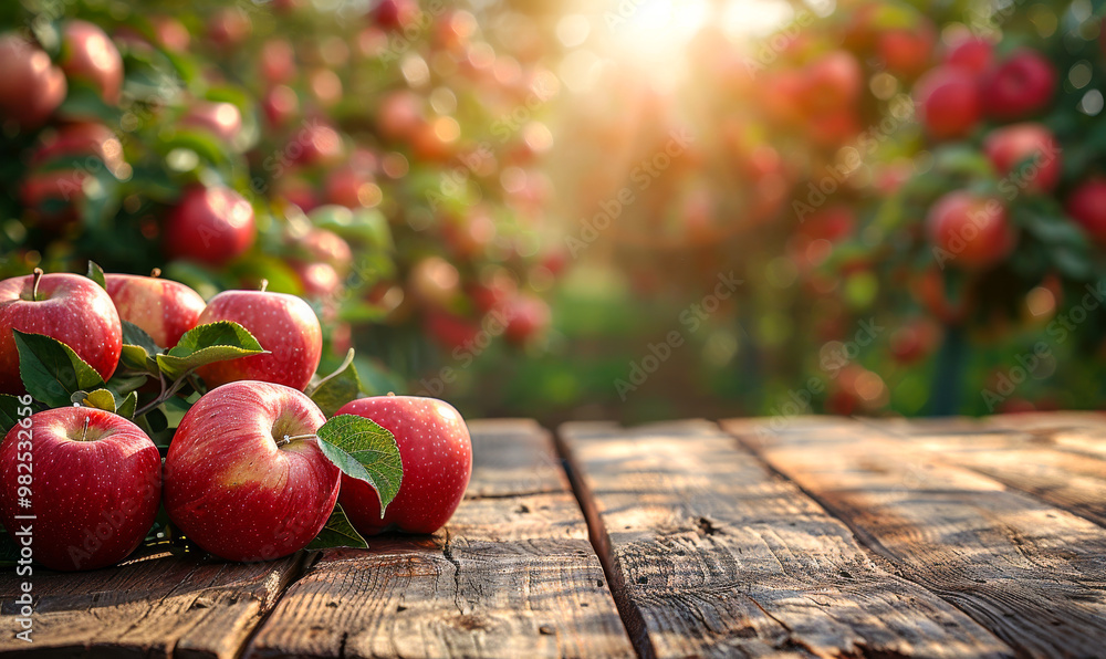 Poster a bunch of apples are on a wooden table. the apples are red and shiny. the table is surrounded by tr