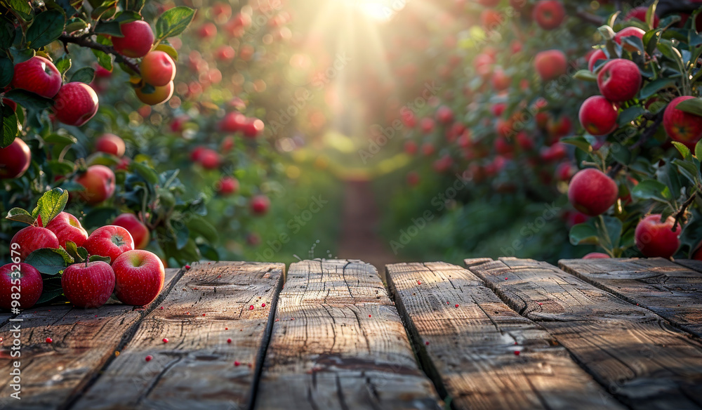 Poster a wooden table with a bunch of apples on it. the apples are red and shiny. the table is surrounded b