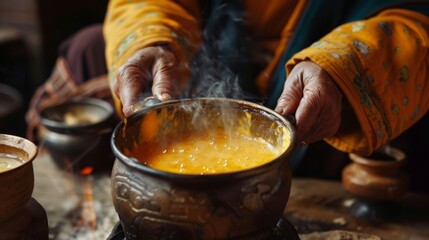 Steaming Traditional Tibetan Ceramic Mug of Aromatic Herbal Tea