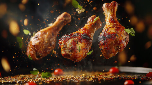 spicy grilled chicken legs flying with herbs - Powered by Adobe