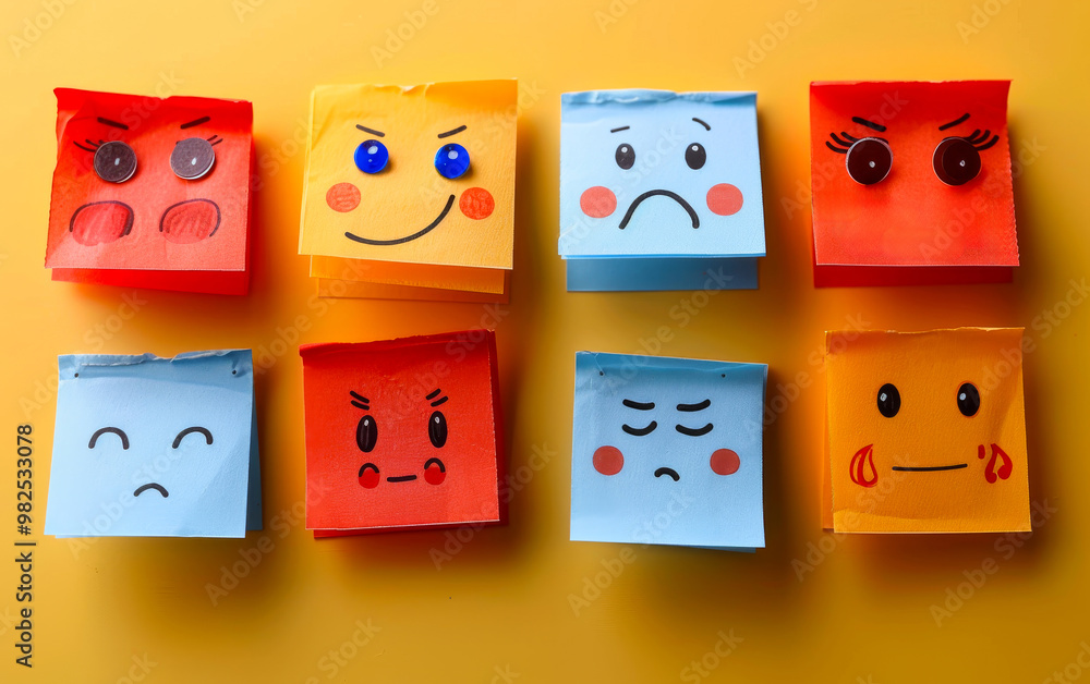 Aufkleber a row of colorful sticky notes with different facial expressions. scene is lighthearted and playful