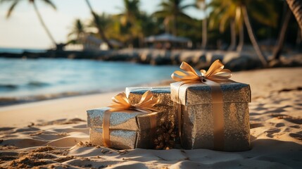 Three shiny gold boxes are sitting on the beach