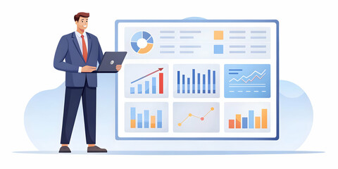 Flat Candid Business Analyst Analyzing Coupon Impact on Digital Dashboard: A Vector Illustration Showcasing Retail Analytics Insights