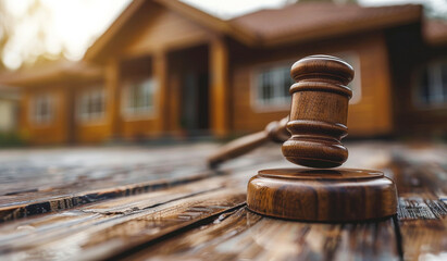 A wooden gavel sits on a wooden table in front of a house. The gavel is a symbol of authority and justice, and the setting suggests that it may be in a courtroom or a legal setting