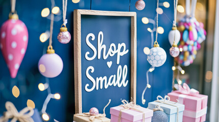 Decorated store window, Shop Small sign, Christmas ornaments, colorful ribbons, gifts, support small businesses concept