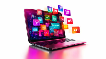 3D Glossy Laptop on White Surface with Holographic Floating Coupon Icons - Ideal for Digital Retail Promotions and E-Commerce Branding