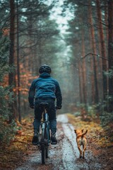 Fototapeta premium An active man cycling alongside his pet beagle dog in the forest.