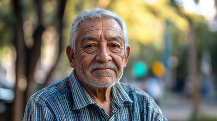 latin senior man portrait looking at camera outdoors in the street in Mexico city, hispanic adult people