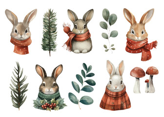 Fototapeta premium Watercolor Christmas Rabbits bunny set for New Year 2025 decorations in winter hats and scarves