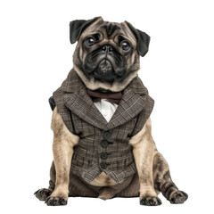 Naklejka premium Pug wearing a suit vest and a bow tie, looking forward, sitting on a white background