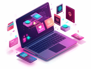 Flat Holographic Laptop Design with Floating Payment and Promotion Icons on Glossy White Background - Clean Vector Illustration for Business Marketing Content