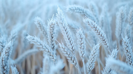 Fototapeta premium frozen plants in the meadow, wheat covered with frost due to frost. threat to the harvest
