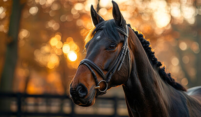 Obraz premium A horse with a black bridle and a brown mane and tail. The horse is standing in a field with trees in the background