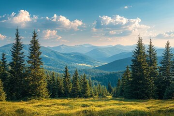 Spruce forest on grassy hillside in Carpathians, Ukraine in summer