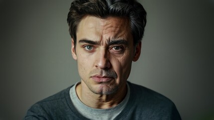 Fototapeta premium Worried young man contemplating future aging, visual dilemma of youth and old age, emotional expression of fear and anxiety, website header with copy space for personal reflections. Generative AI