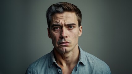 Obraz premium Young man with mixed emotions about aging, reflecting on fear of getting old, emotional struggle with aging process, website header with copy space for mental wellness themes. Generative AI