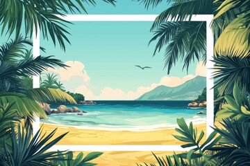 Summer frame modern illustration with a sand beach landscape and tropical sea coast background