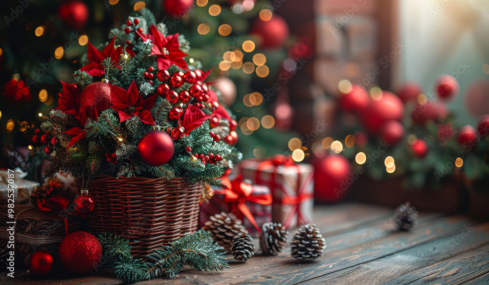 Poster a small red tree with red ornaments on it sits on a wooden table. the table is surrounded by many re