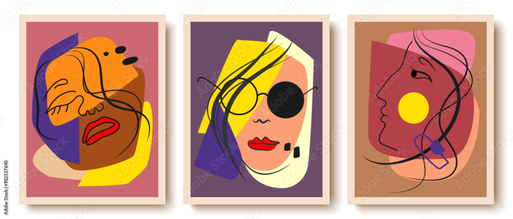 Poster various abstract faces within the framework. modern vector illustration, hand-drawn. continuous line