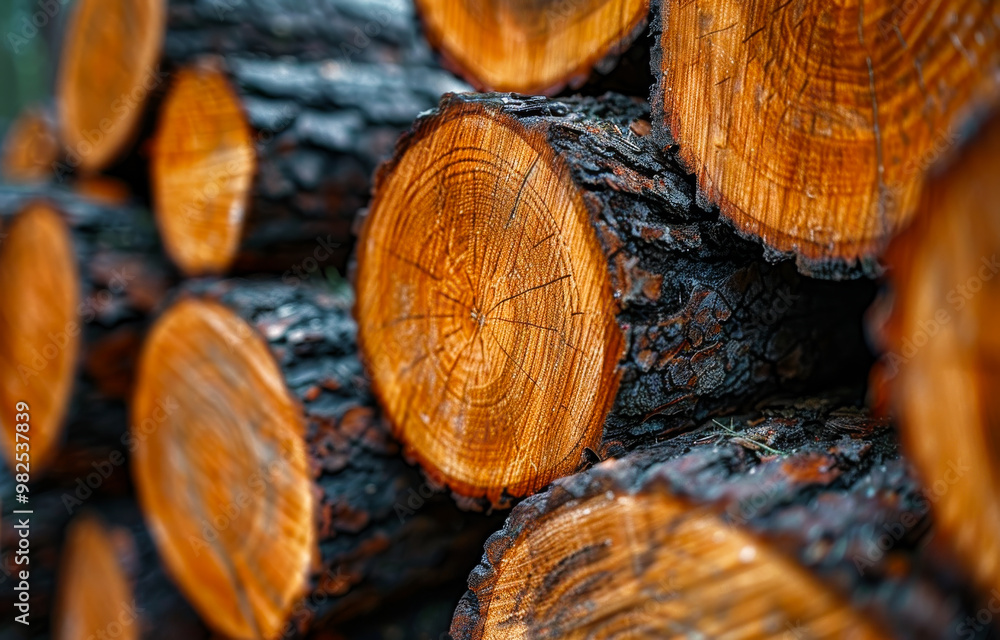 Poster a pile of logs with a few of them having a hole in the middle. the logs are stacked on top of each o
