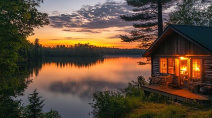 Cozy Cabin by the Lake at Sunset