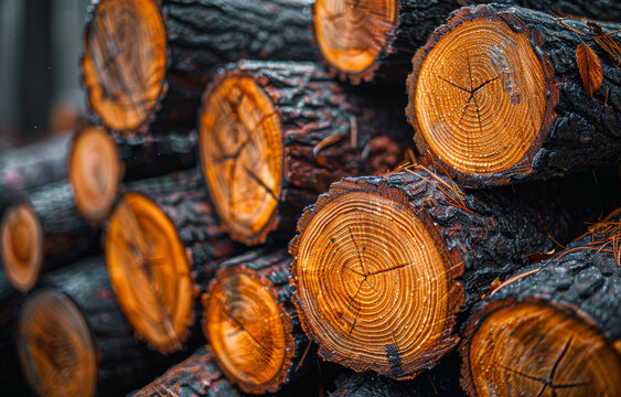A pile of logs with a brownish color and some of them have a blackish color. The logs are stacked on top of each other, and they appear to be freshly cut. Concept of natural beauty