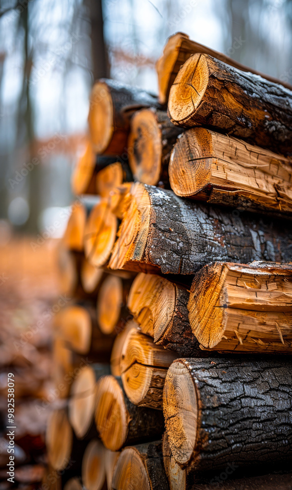Poster a pile of logs with a few of them being cut off. the pile is in a forest and the logs are stacked on