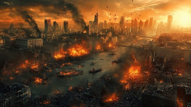 An apocalyptic cityscape, hyperinflation overtaking society, symbols of financial ruin and inflation's impact on daily life