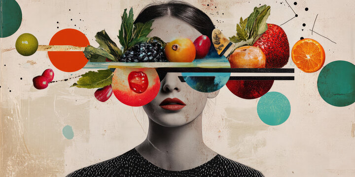 Naklejki Artistic pop-up style poster with mixed collage elements and surreal techniques, illustration, gastronomy creative concept