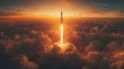 Rocket Launch Above Clouds at Sunset