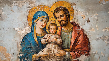 The image of the Holy Family, Jesus, Mary and Joseph in the form of an ancient fresco