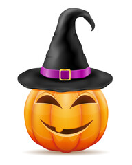 pumpkin with horrible faces with a witch's hat for halloween celebration vector illustration