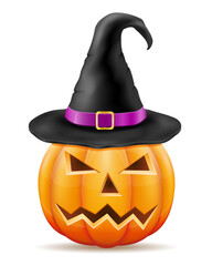 pumpkin with horrible faces with a witch's hat for halloween celebration vector illustration