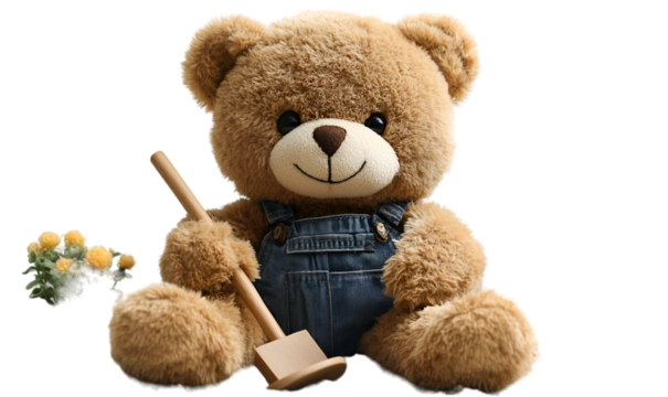 a teddy bear holding a broom. 