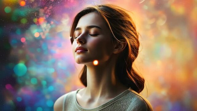 A serene moment of a young woman enjoying vibrant colors in a tranquil setting, exploring creativity and self-reflection in a vivid background