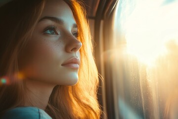 woman portrait looking out train window