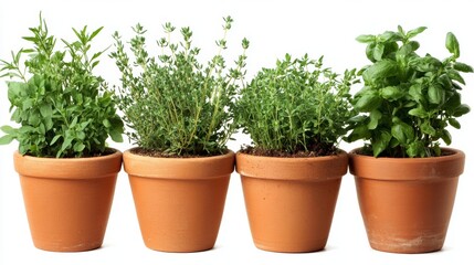 Obraz premium Fresh Herbs in Terracotta Pots on White Background