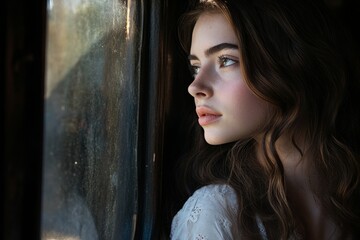 Fototapeta premium woman portrait looking out train window