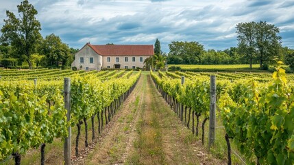 Vineyard Rows Leading to Farmhouse