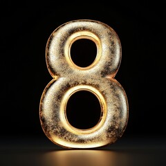 3D number 8 with gold texture realistic modern design, soft lighting, black background.