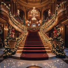 Fototapeta premium Opulent Grand Christmas Staircase with Elegant Holiday Decorations