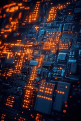 Fototapeta premium Futuristic Circuit Board with Bright Orange Lights