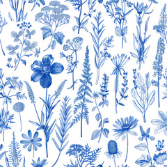blue ink line art drawings of various flowers and plants, suitable for wallpaper, fabric print, textile decoration, packaging paper background, stationery covers, cards, wrapping papers