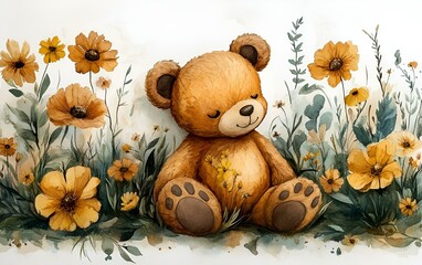 a teddy bear sitting in a flower garden. 