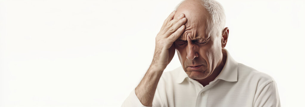 Senior man with eye pain isolated on white background with copy space, diabetic retinopathy pinguecula or pterygium illness