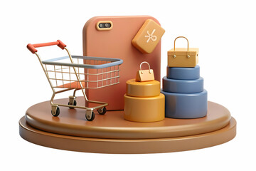 Obraz premium Modern Podium with Shopping Cart and Price Tag Concept for Retail Promotions - Ideal for Sales Events, White Background