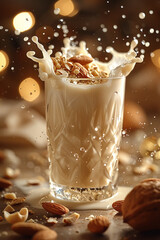 Splash of almond milk with almonds generated.AI