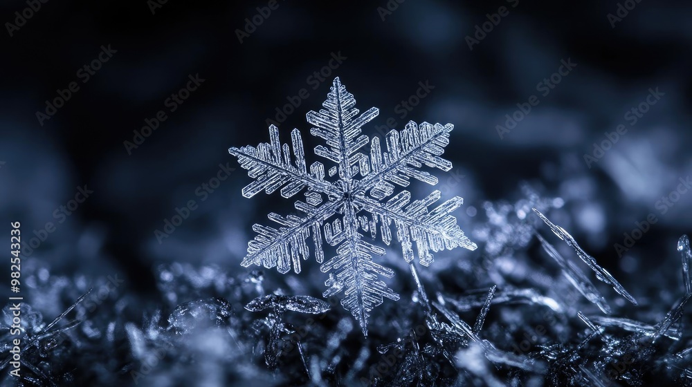 Aufkleber close-up of a delicate snowflake resting on dark, icy ground, showcasing intricate patterns and text